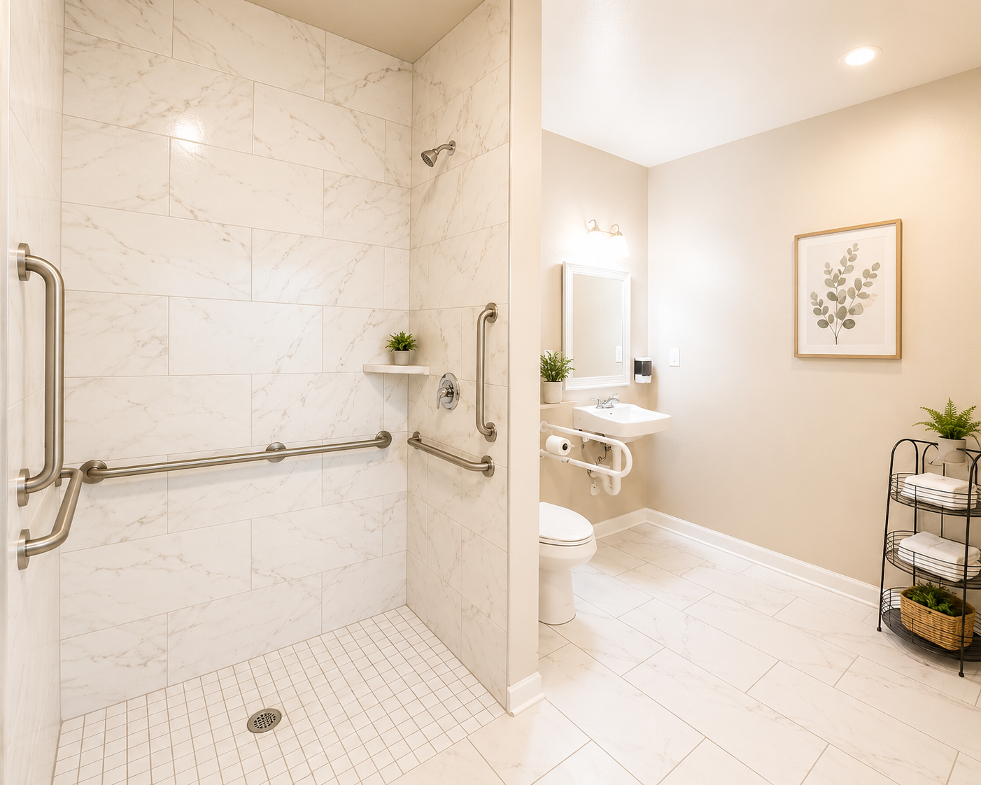 Accessible bathroom with safety features at Lake Meridian Adult Family Home in Kent Washington.
