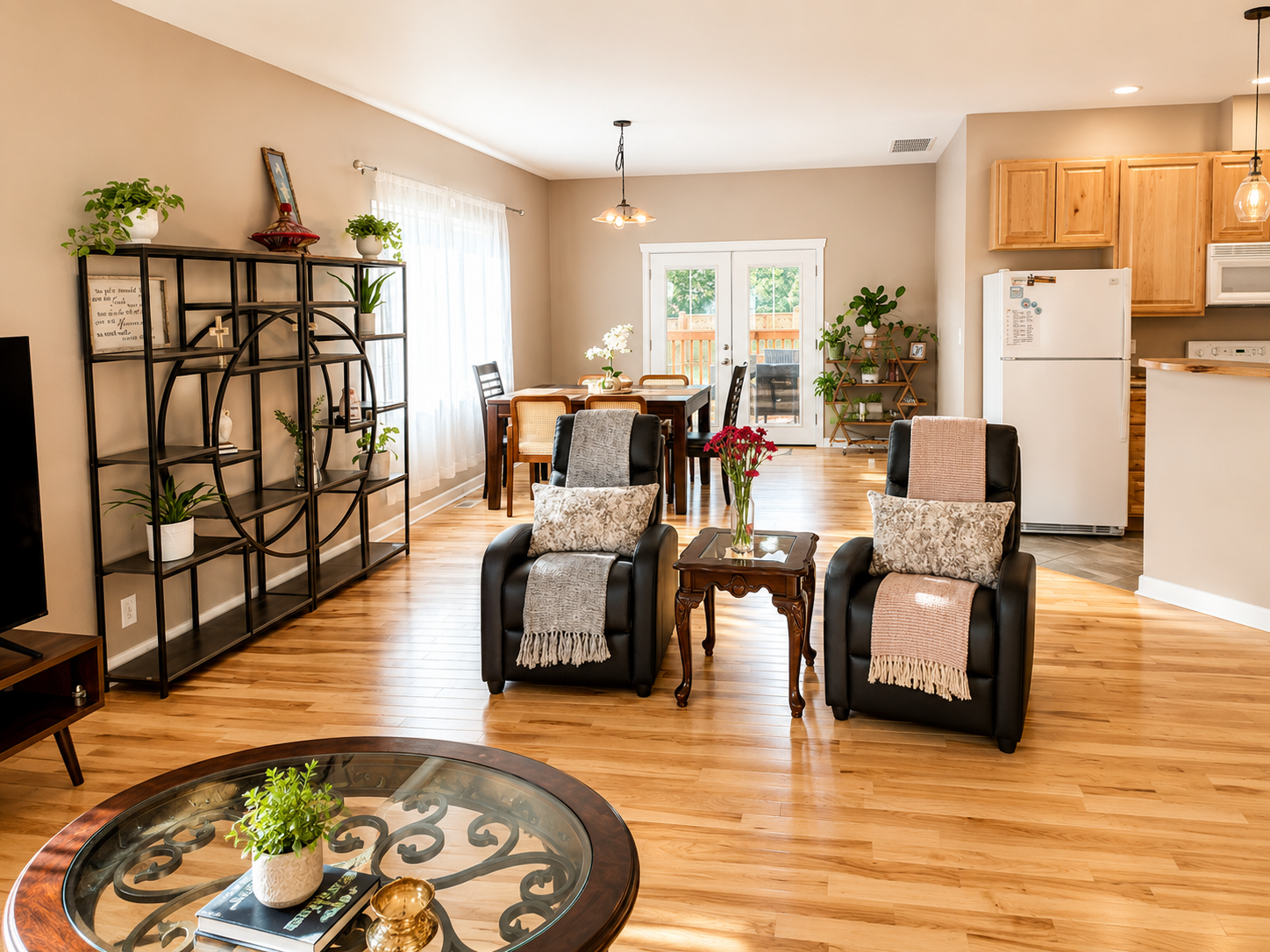 Bright shared living room at Lake Meridian Adult Family Home in Kent Washington.